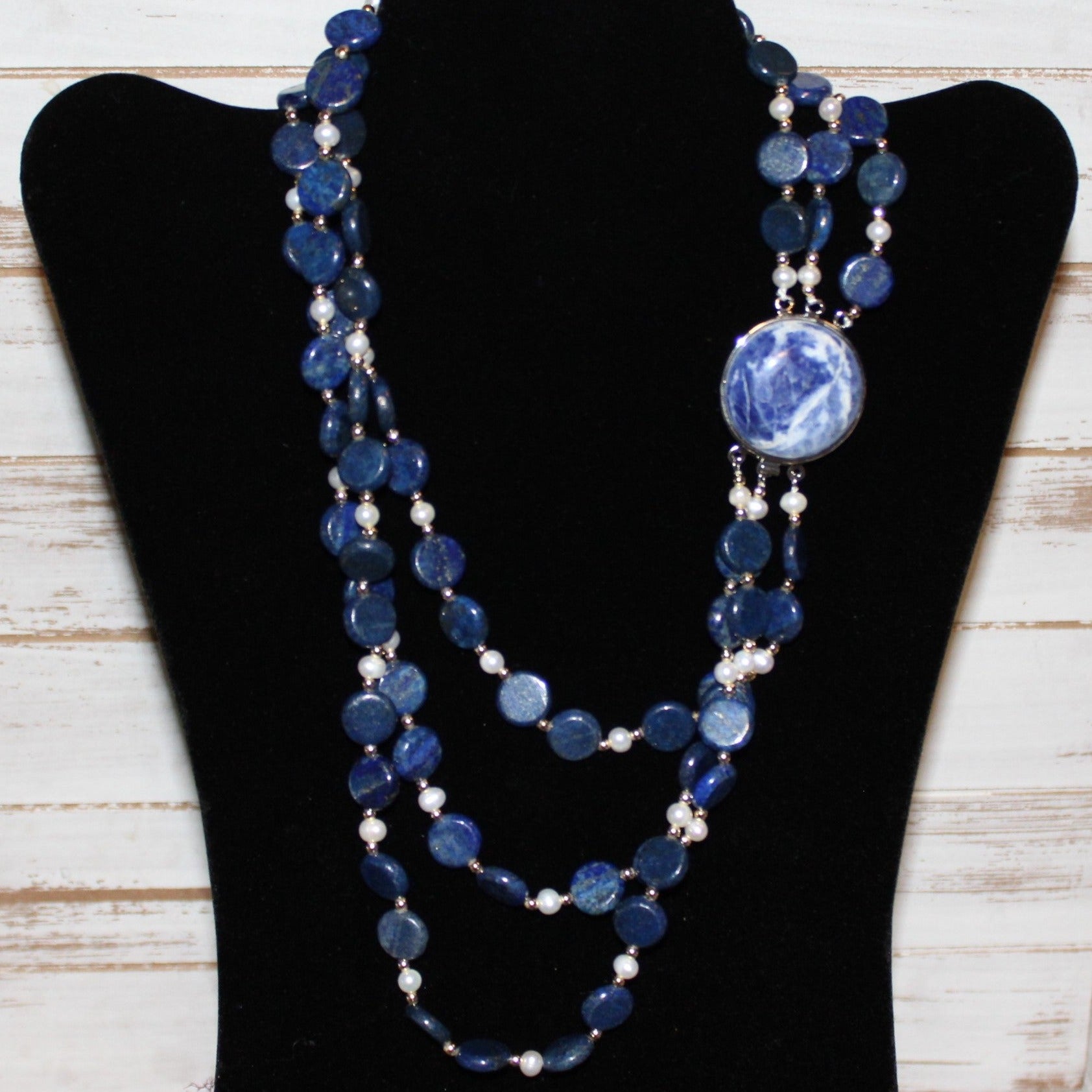 Lapis Lazuli Beaded Necklace with cultured pearls and Sodalite Clasp