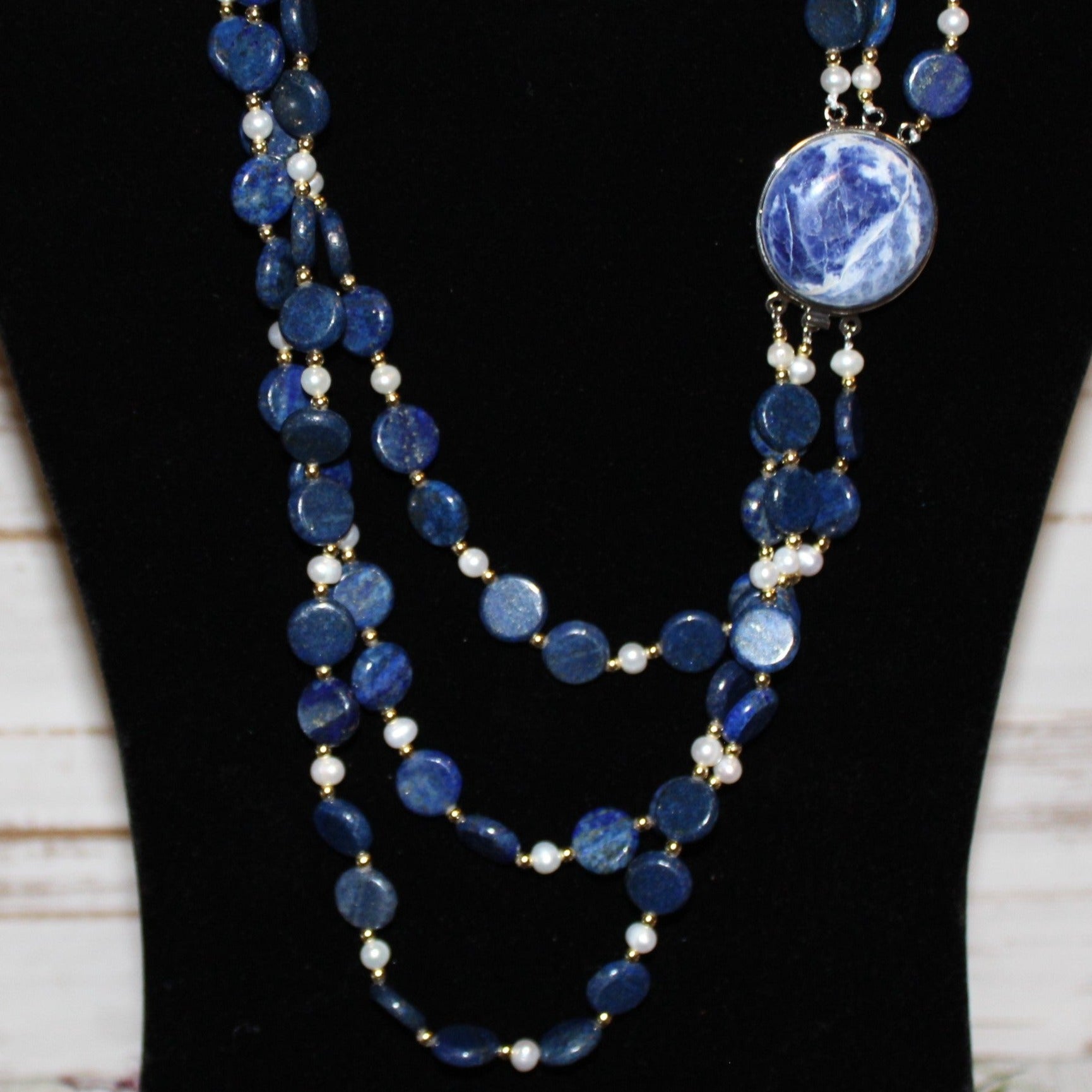 Lapis Lazuli Beaded Necklace with cultured pearls and Sodalite Clasp