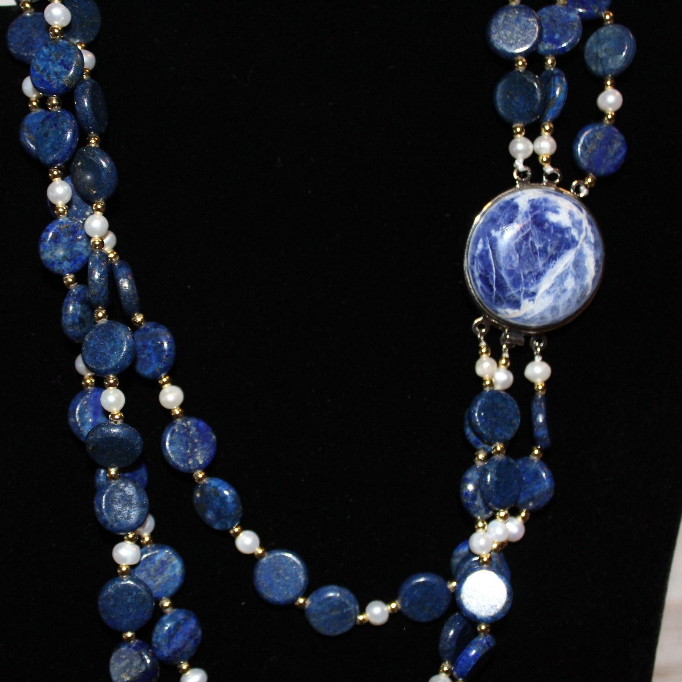 Lapis Lazuli Beaded Necklace with cultured pearls and Sodalite Clasp