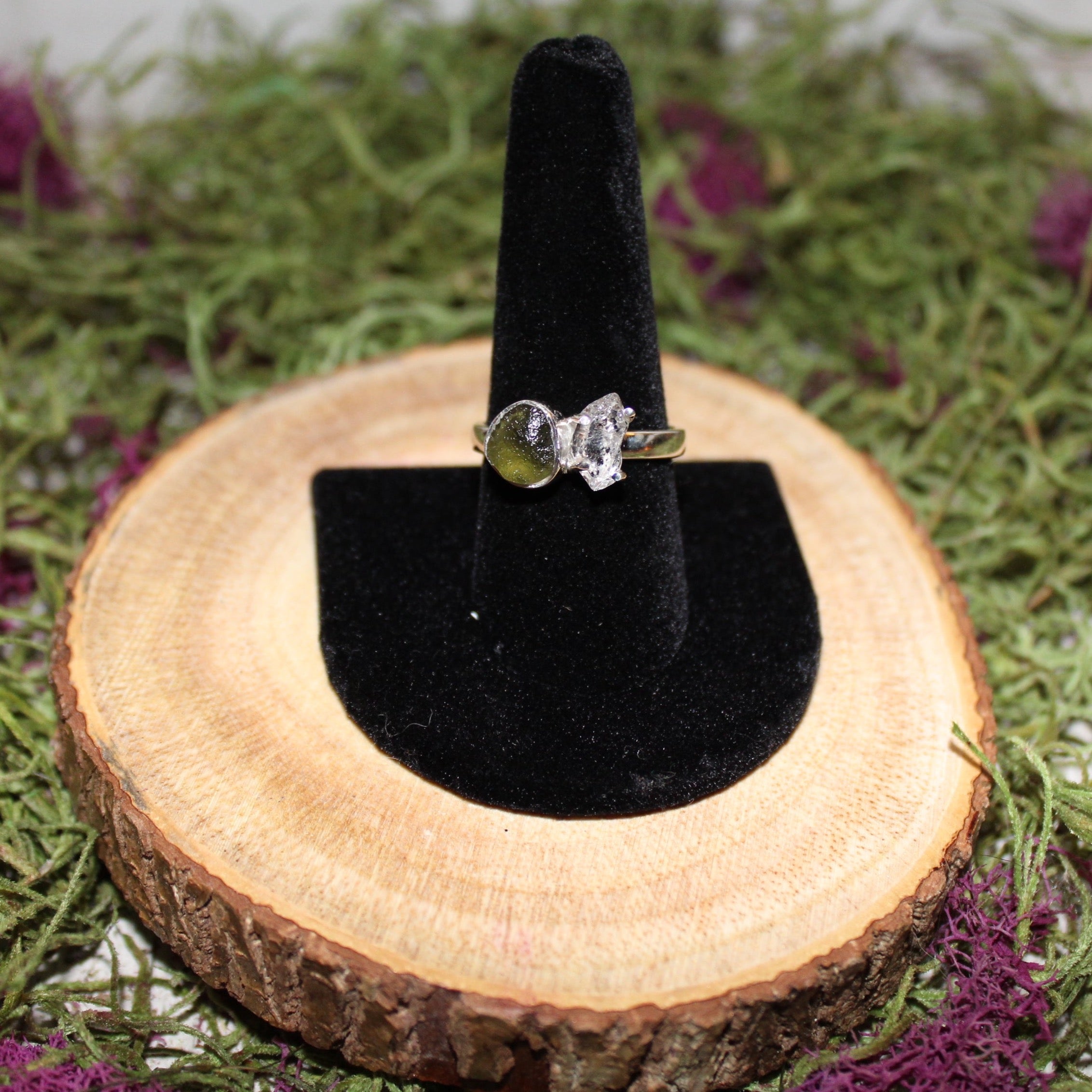 Moldavite and Herkimer Diamond Sterling Silver Ring