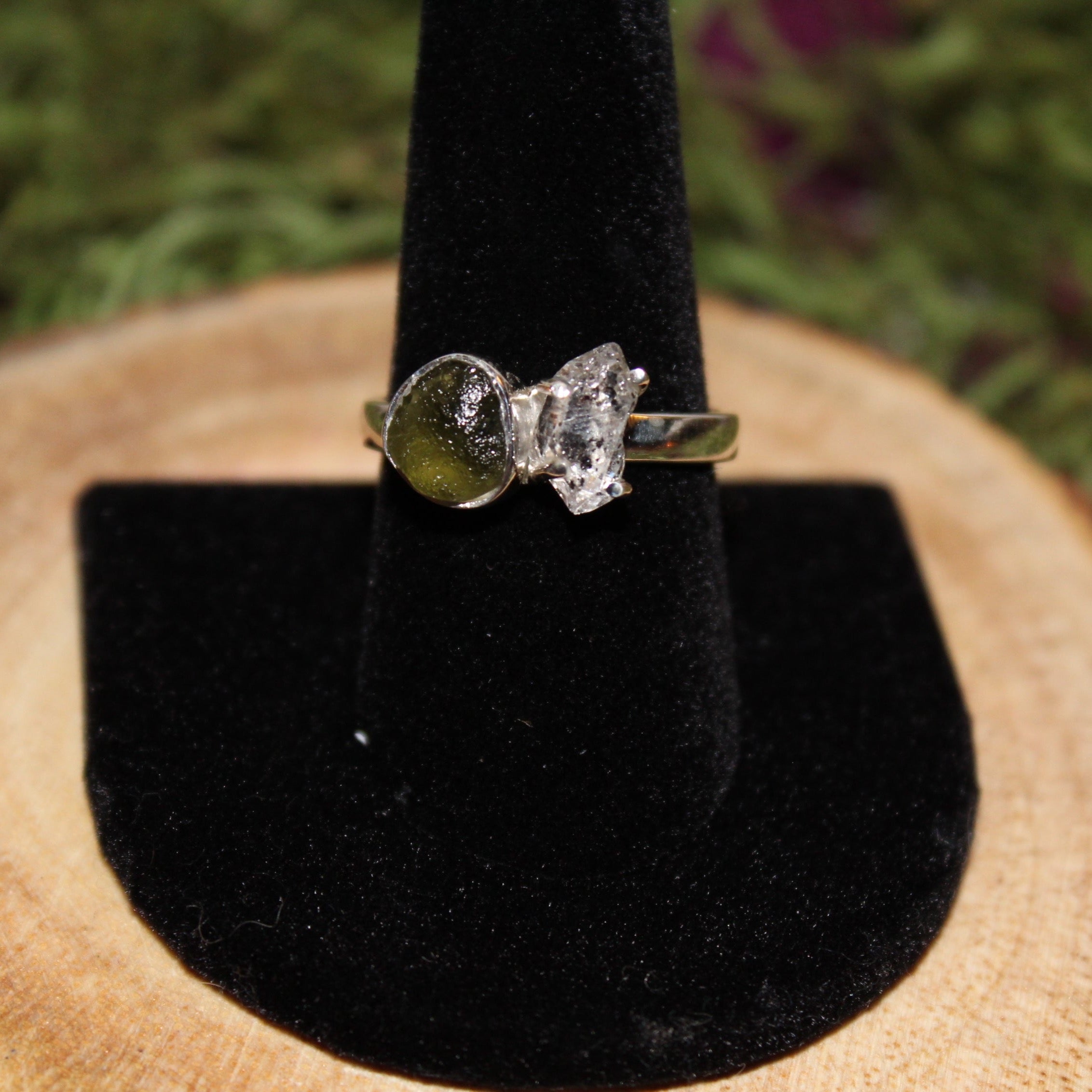 Moldavite and Herkimer Diamond Sterling Silver Ring