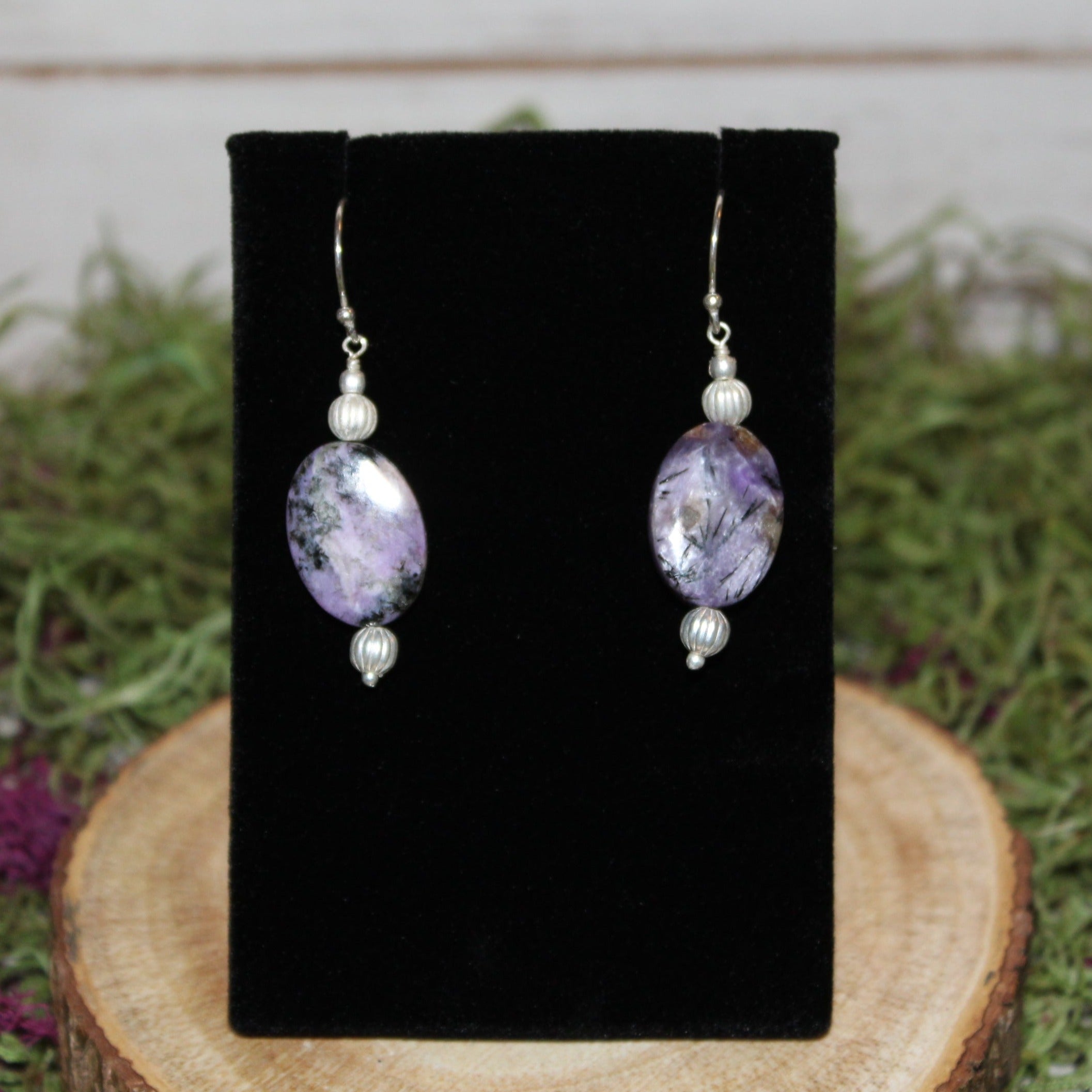 Charoite Beaded Sterling Silver Earrings