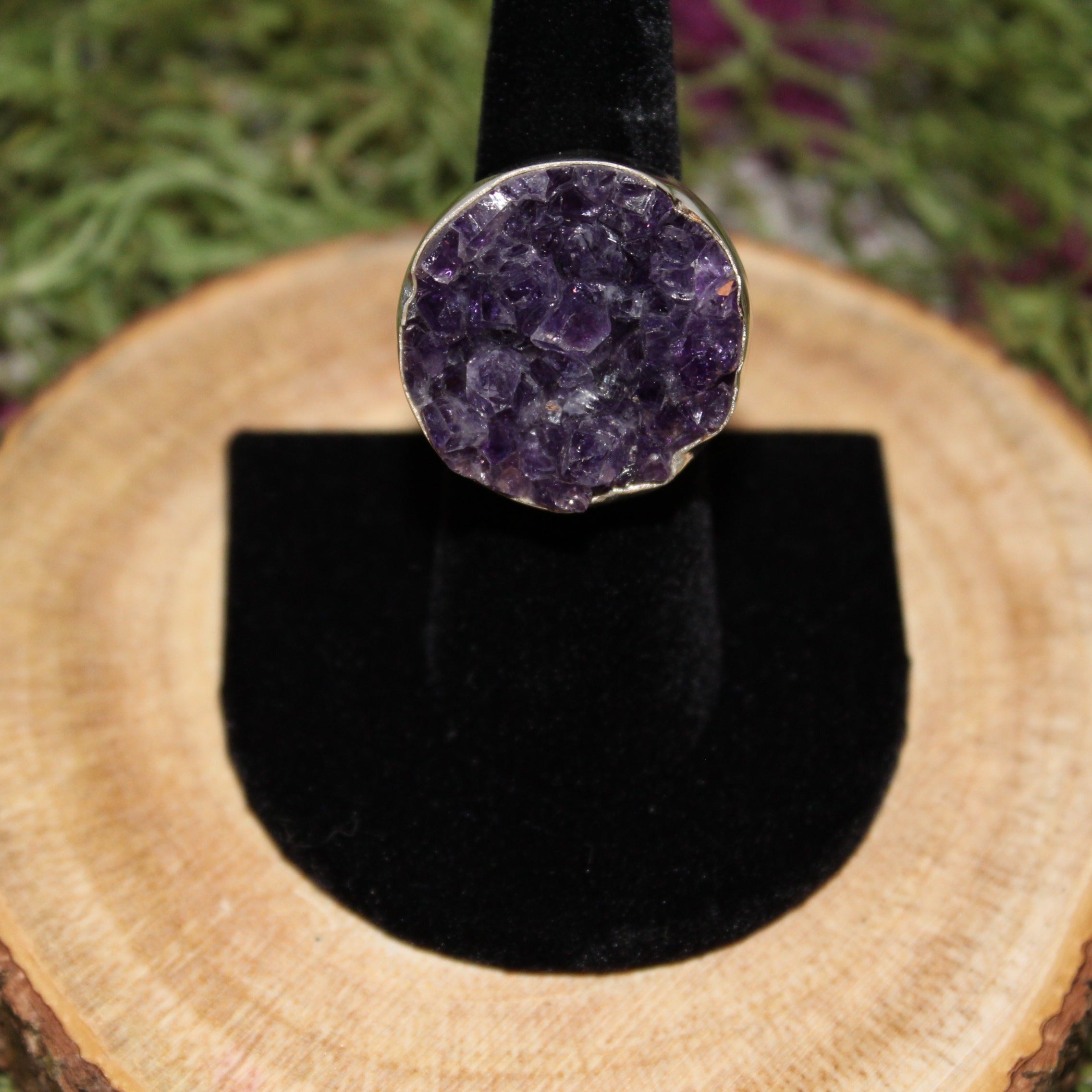 Amethyst Adjustable Druze Sterling Silver Ring