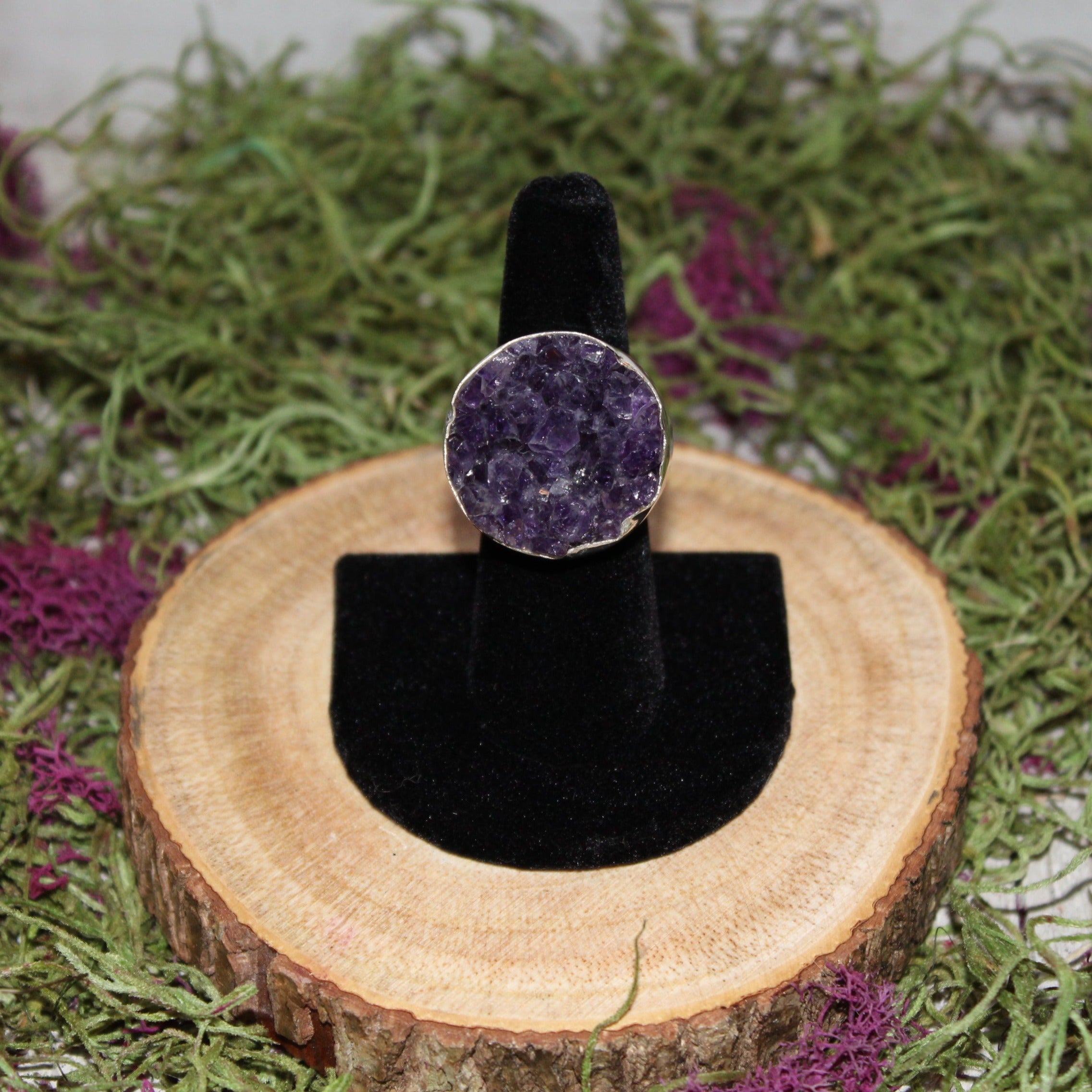 Amethyst Adjustable Druze Sterling Silver Ring