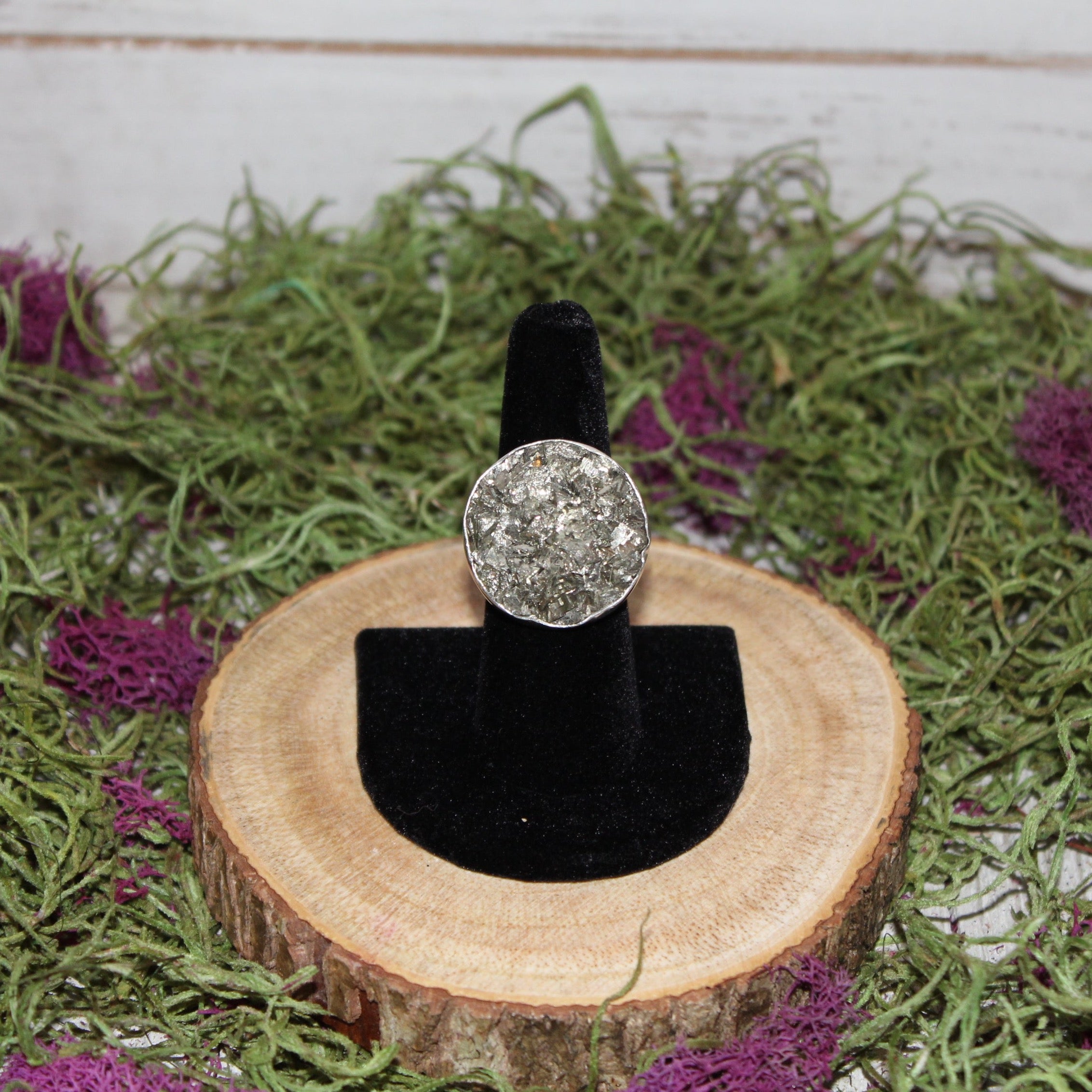 Pyrite Round Druze Adjustable Ring