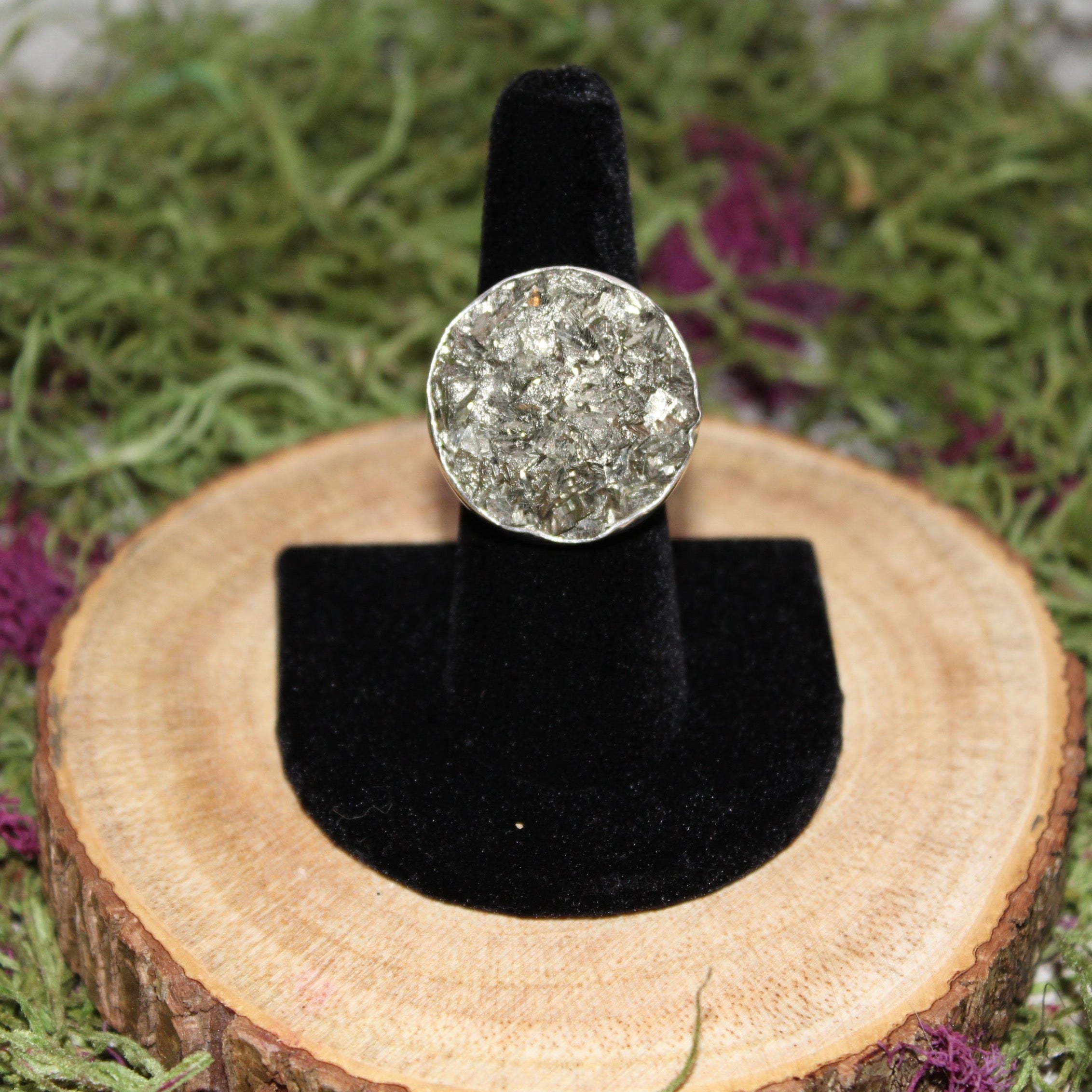 Pyrite Round Druze Adjustable Ring