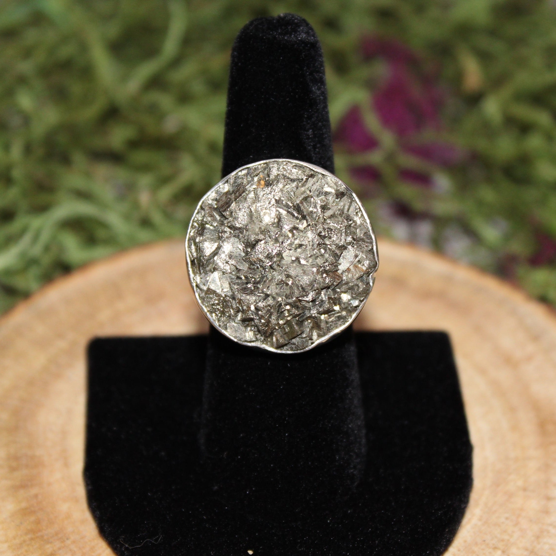 Pyrite Round Druze Adjustable Ring