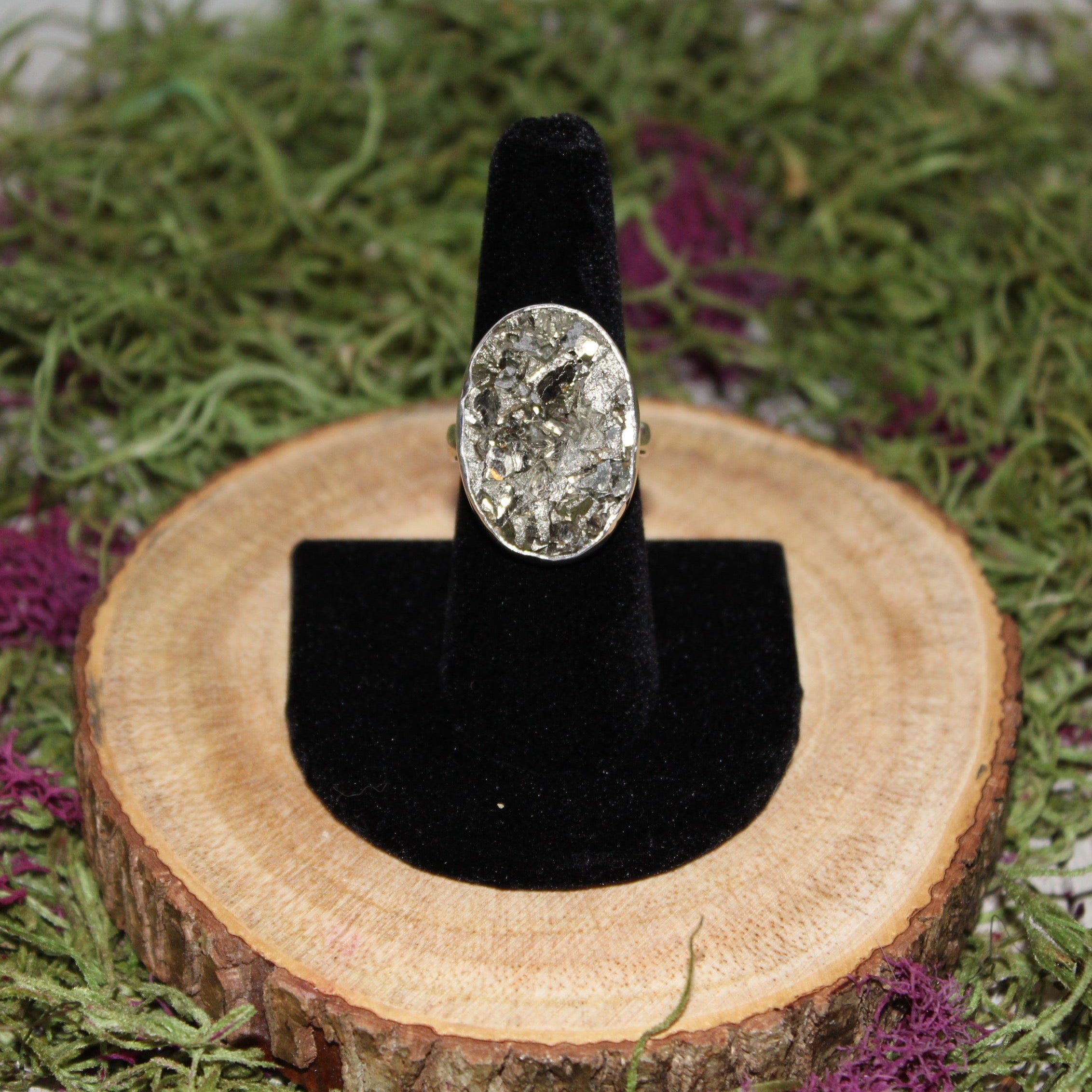 Pyrite Oval Druze Adjustable Ring