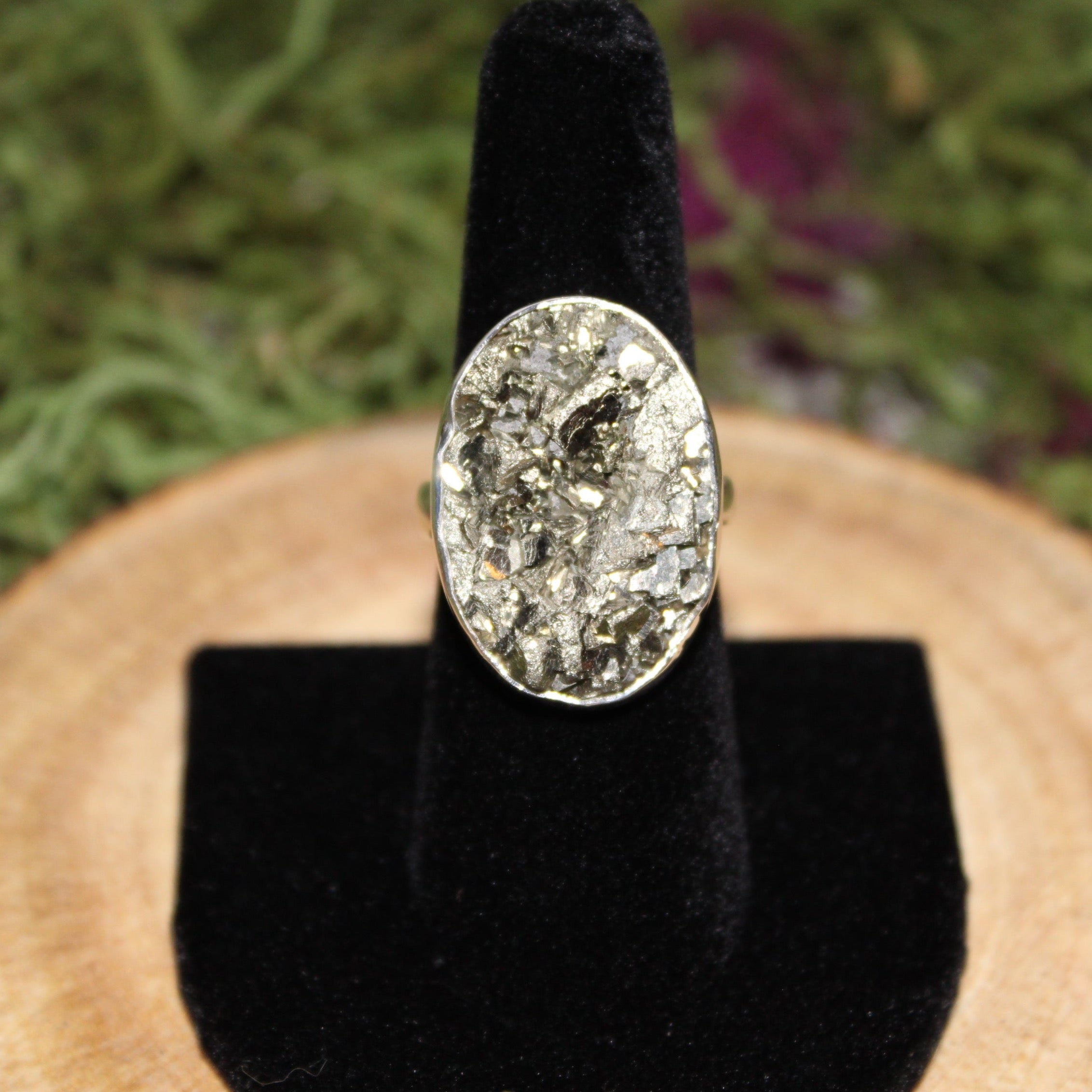 Pyrite Oval Druze Adjustable Ring