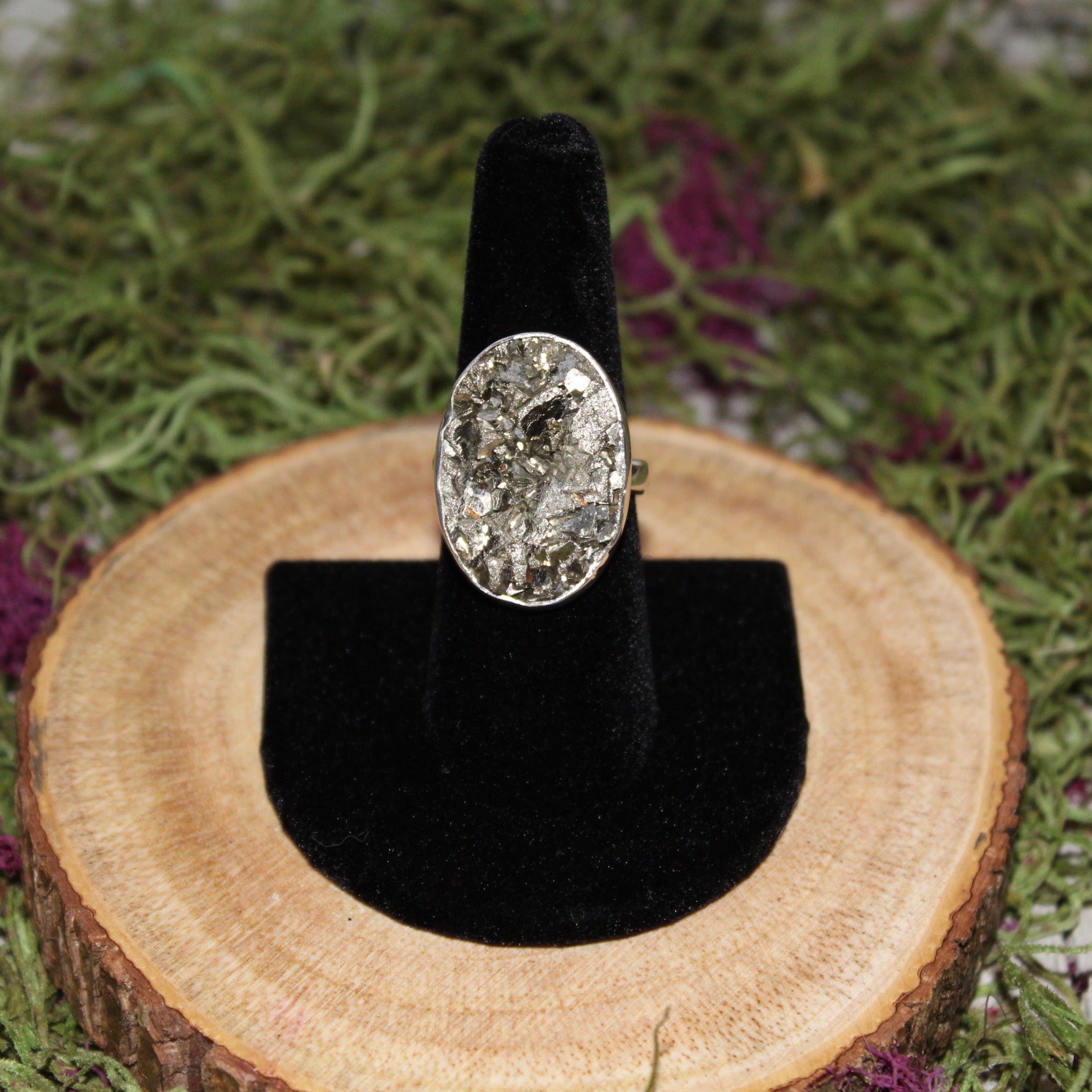 Pyrite Oval Druze Adjustable Ring