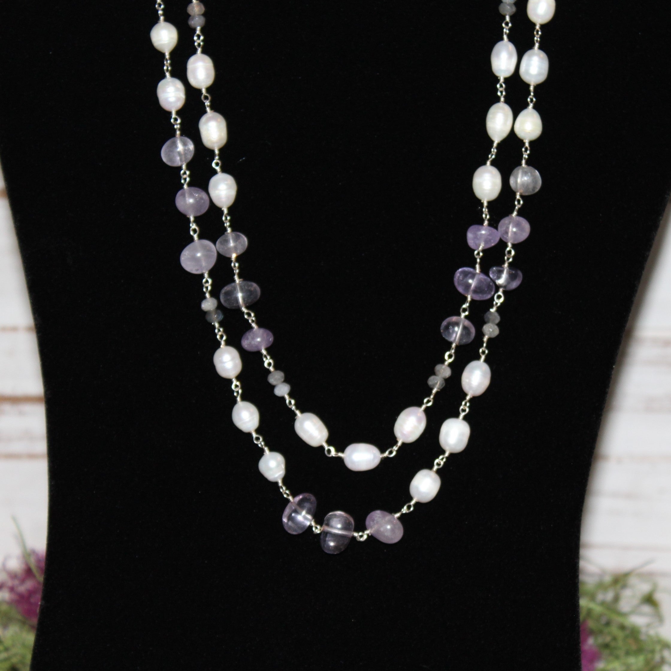 Amethyst and Fresh Water Cultured Pearl Double Strand Necklace