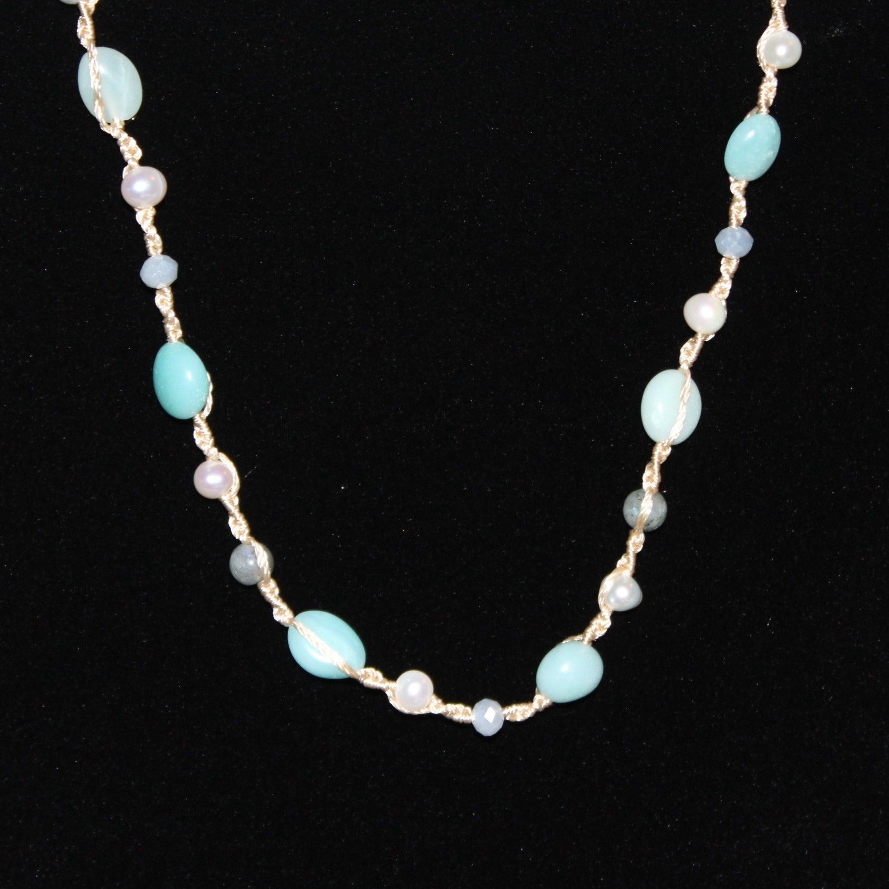 Aquamarine and Fresh Water Cultured Pearl Woven Children's Necklace