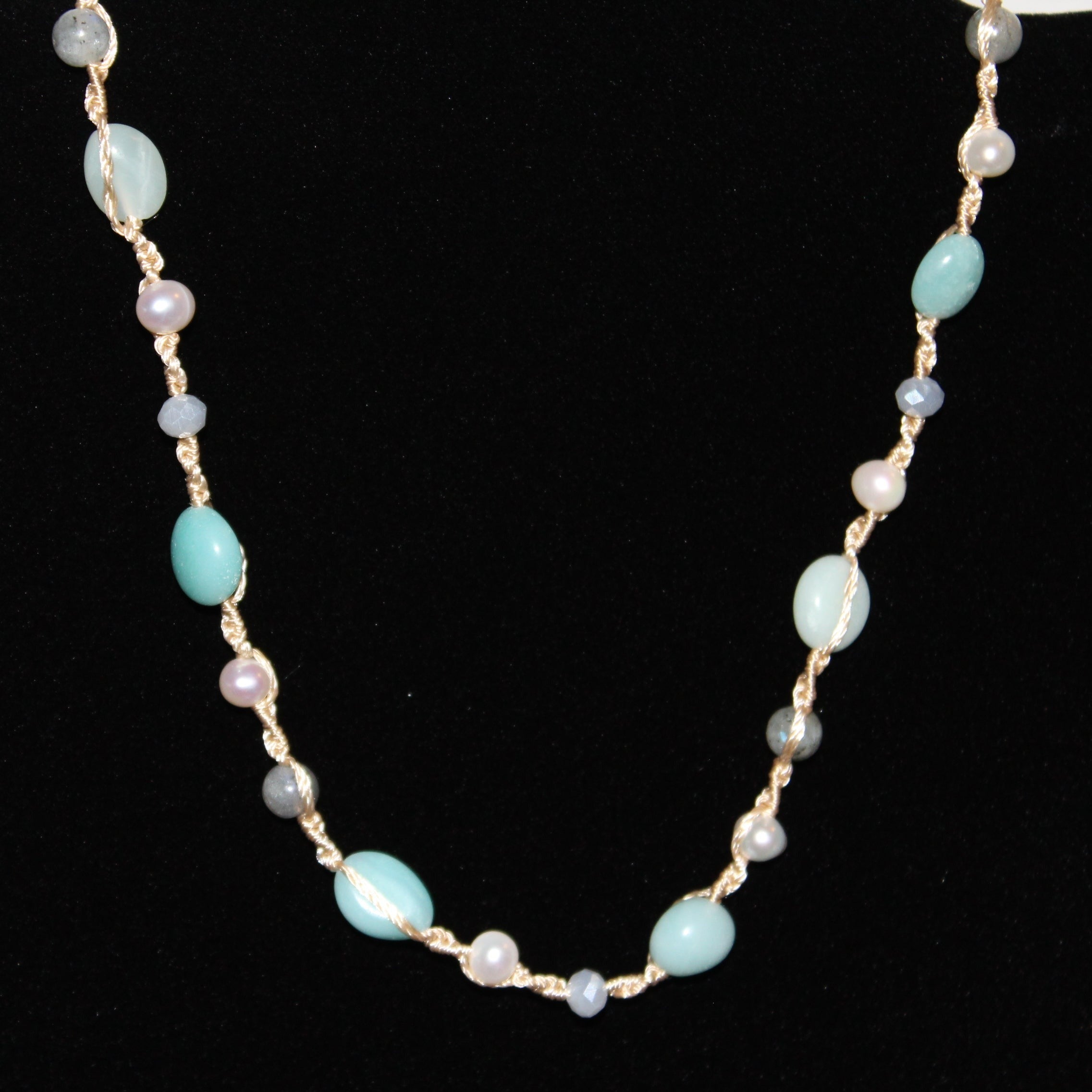 Aquamarine and Fresh Water Cultured Pearl Woven Children's Necklace