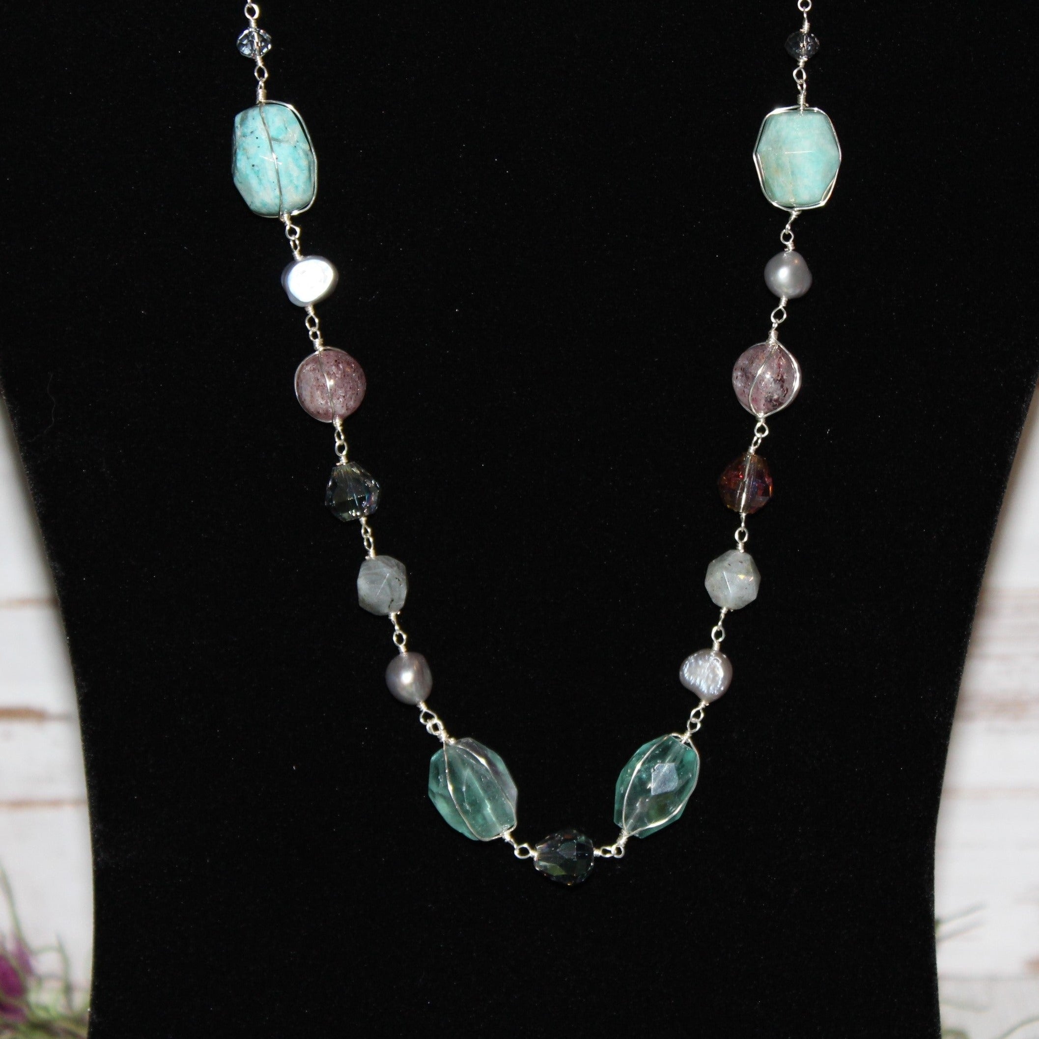 Fluorite, Amazonite, and Fresh Water Cultured Pearl Beaded Sterling Silver Necklace