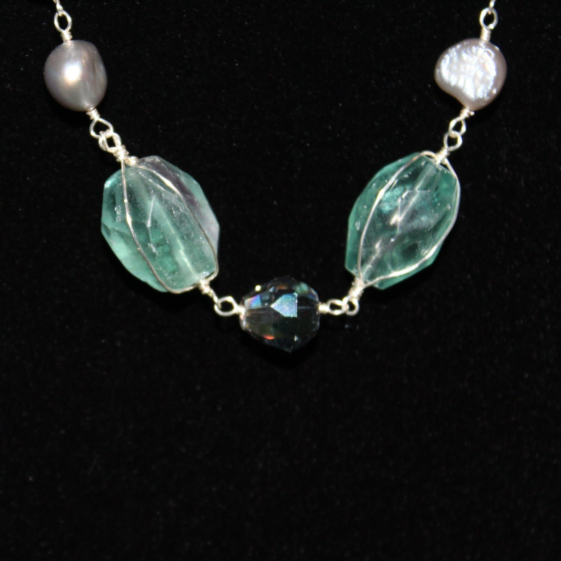 Fluorite, Amazonite, and Fresh Water Cultured Pearl Beaded Sterling Silver Necklace