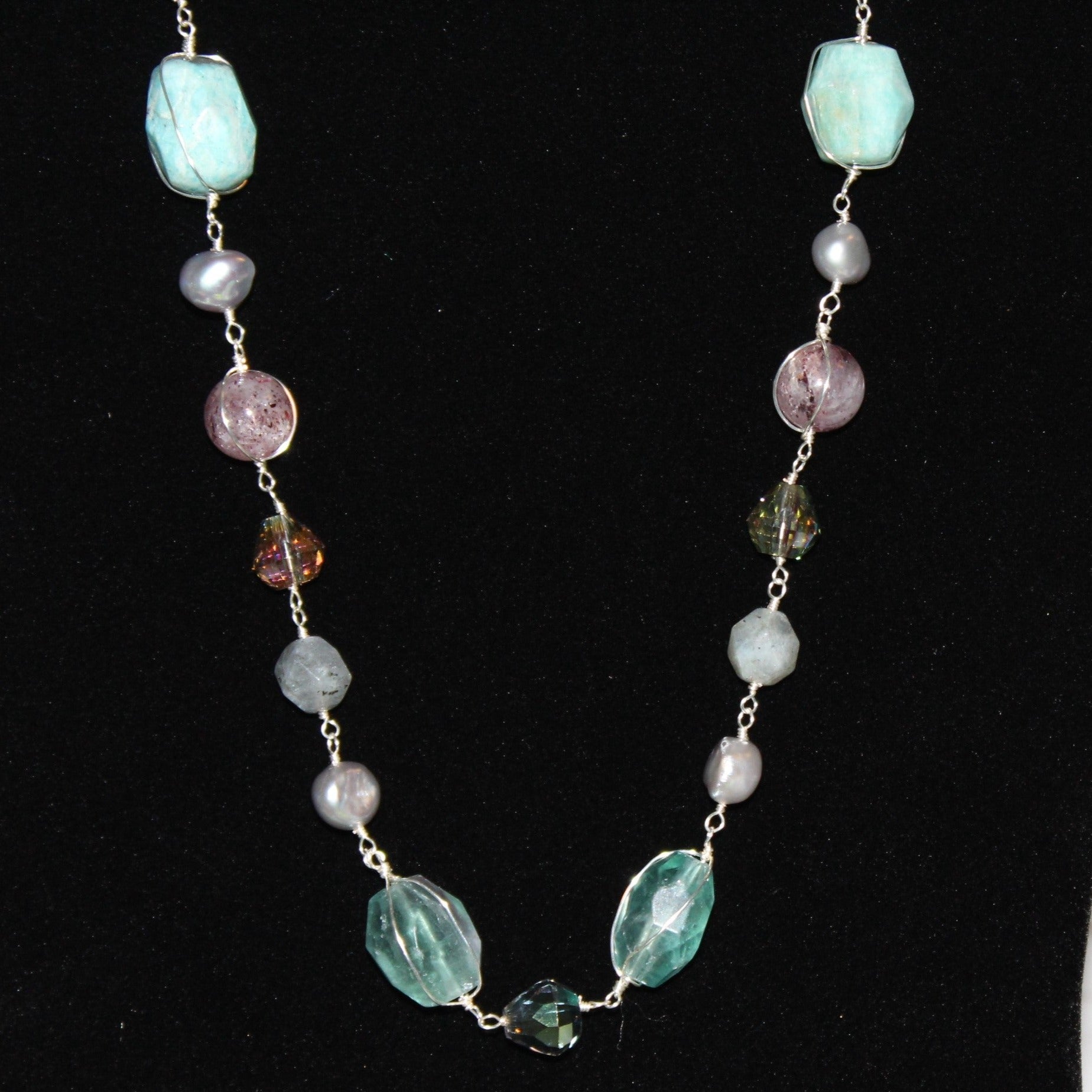 Fluorite, Amazonite, and Fresh Water Cultured Pearl Beaded Sterling Silver Necklace