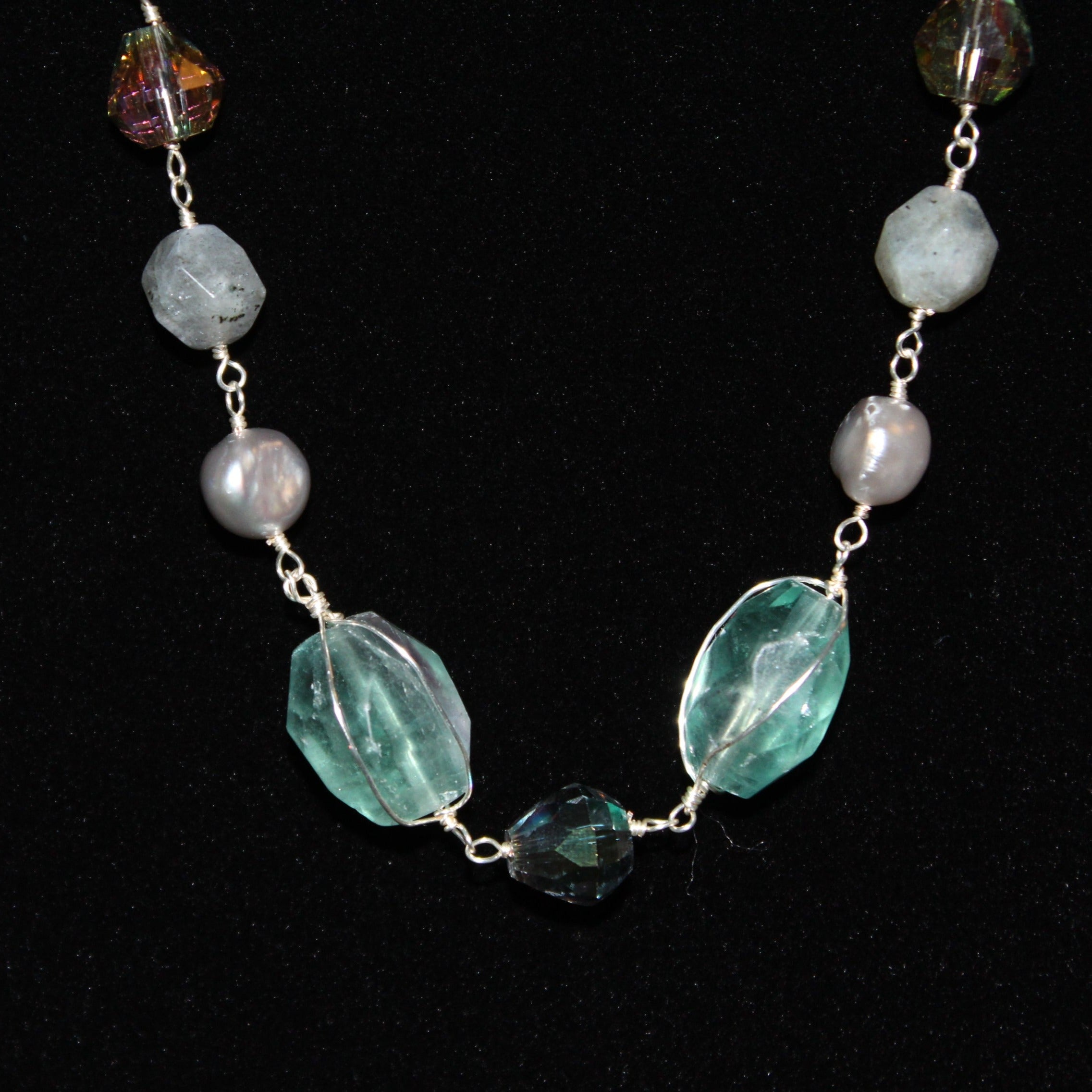 Fluorite, Amazonite, and Fresh Water Cultured Pearl Beaded Sterling Silver Necklace