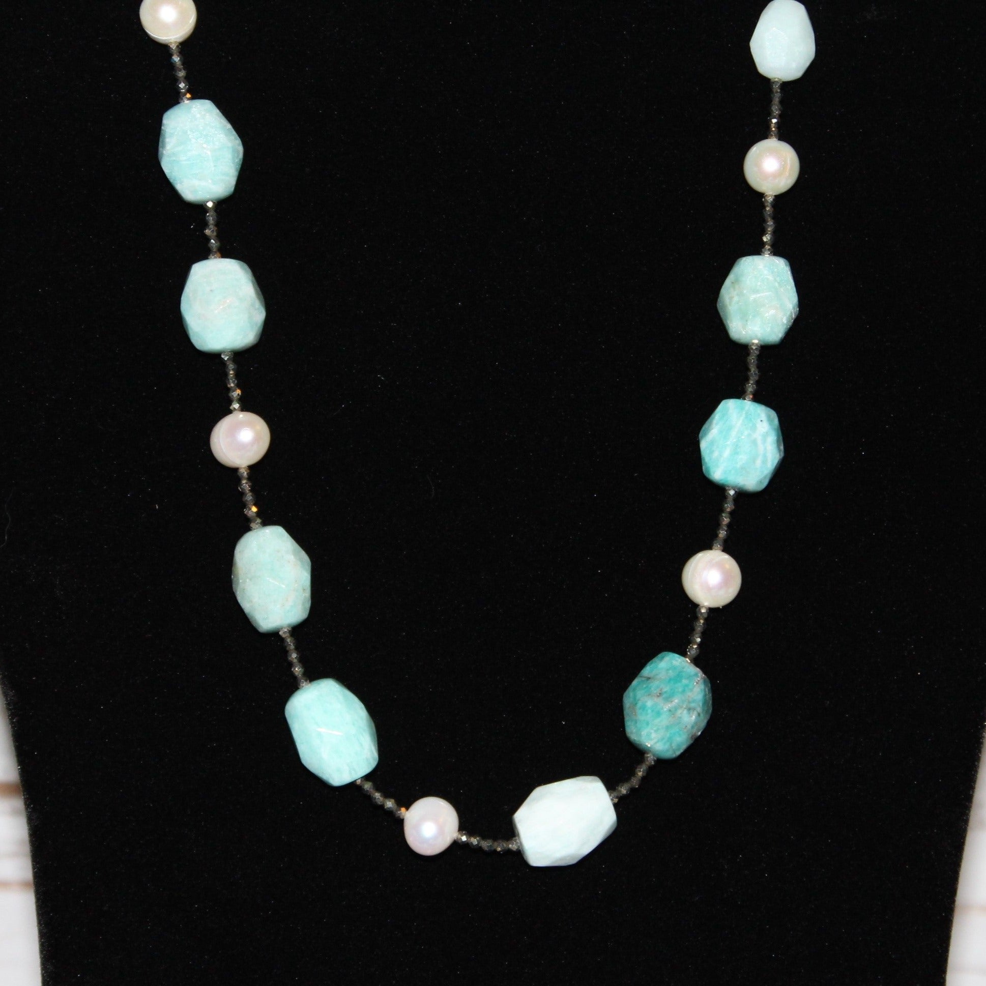 Amazonite, Pyrite and Fresh Water Cultured Pearl Beaded Necklace