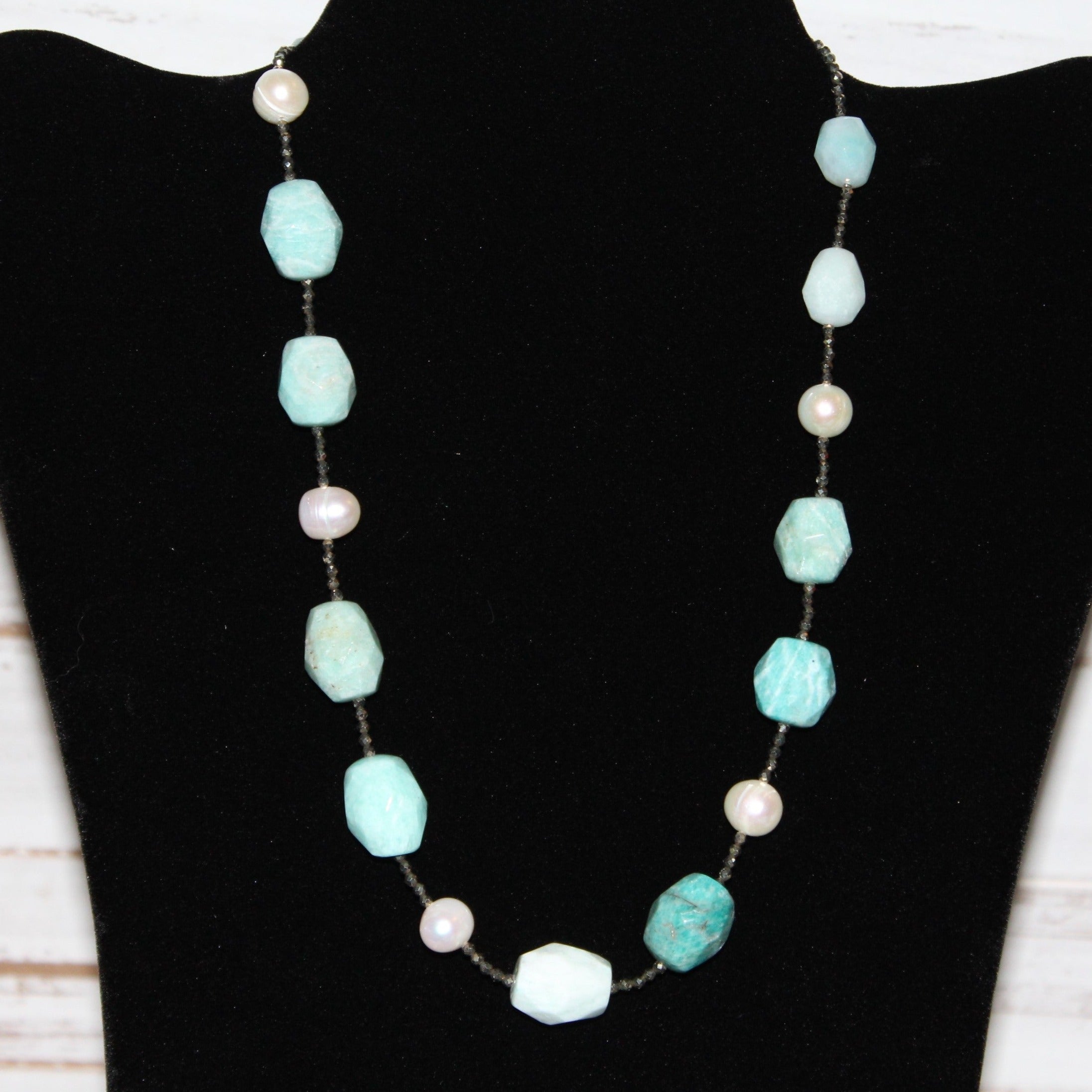 Amazonite, Pyrite and Fresh Water Cultured Pearl Beaded Necklace