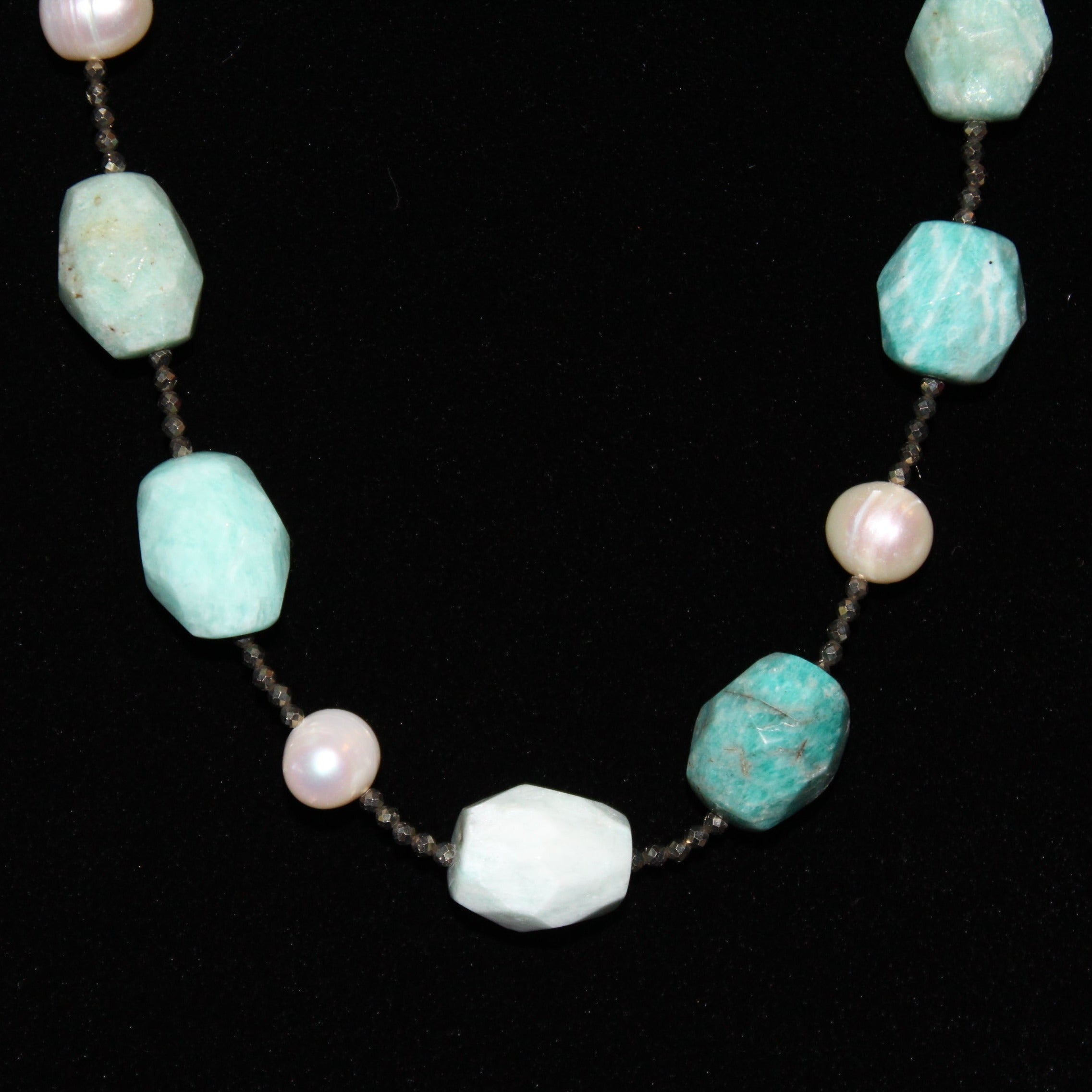 Amazonite, Pyrite and Fresh Water Cultured Pearl Beaded Necklace