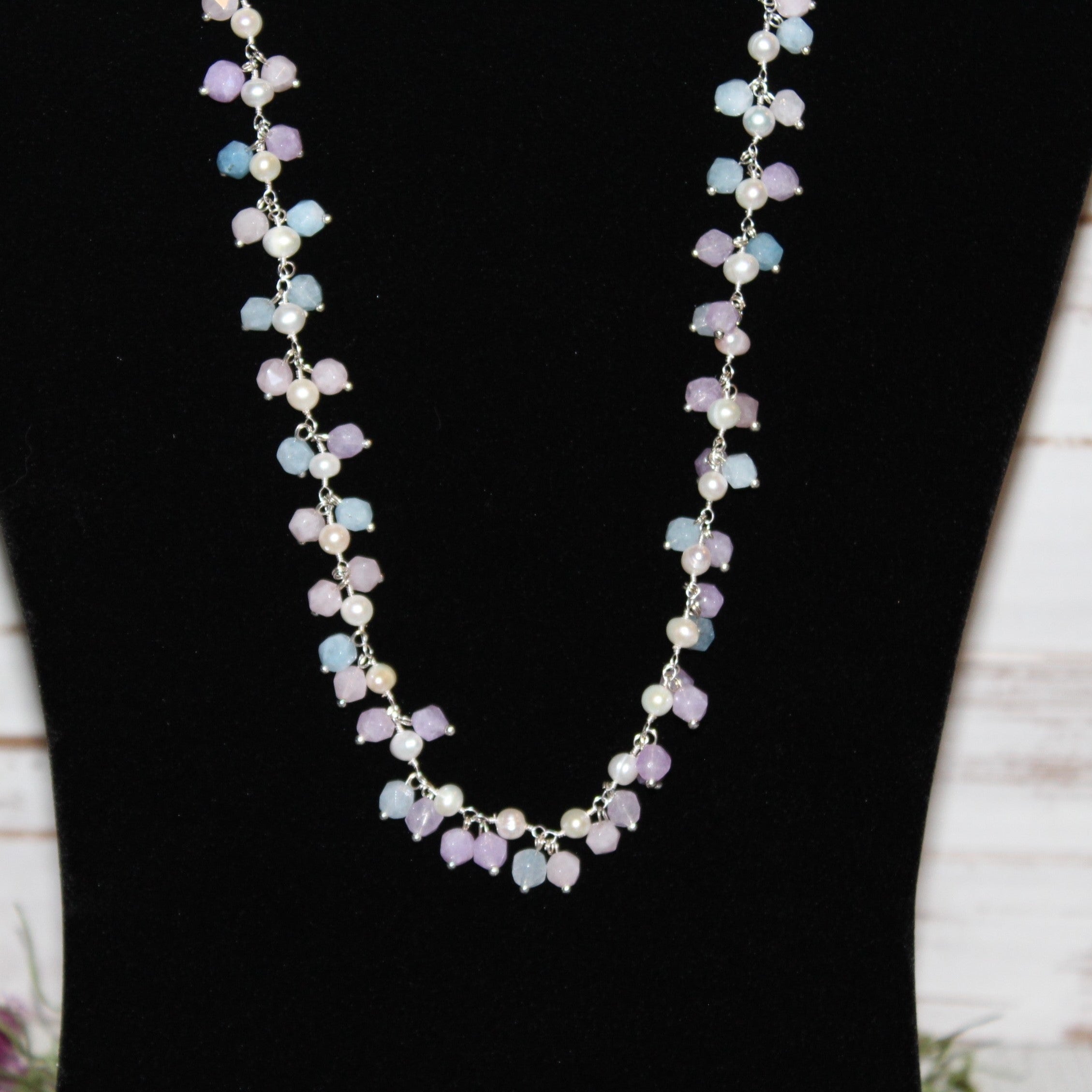 Roe Quartz, Aquamarine, and Freshwater Pearl Necklace