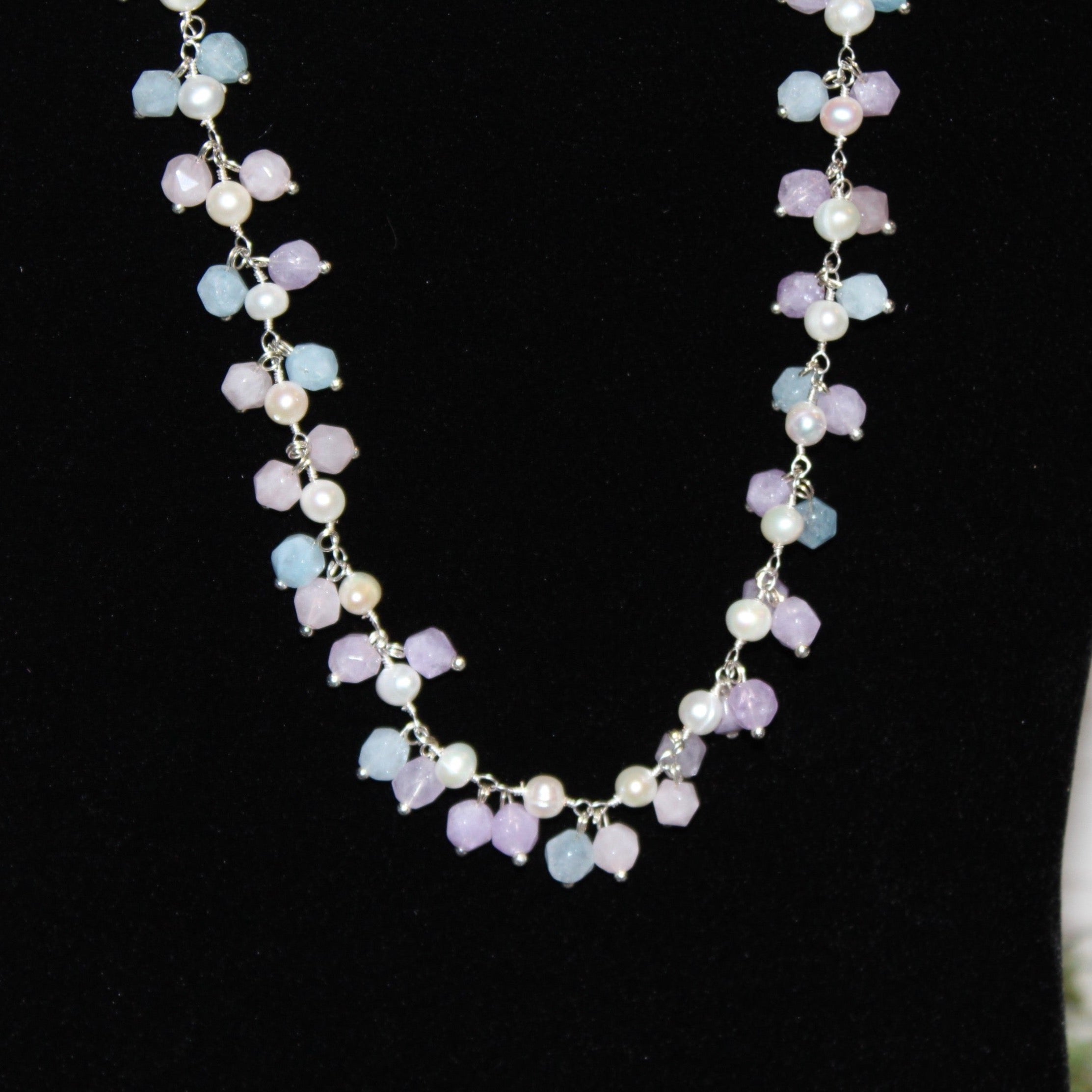 Roe Quartz, Aquamarine, and Freshwater Pearl Necklace