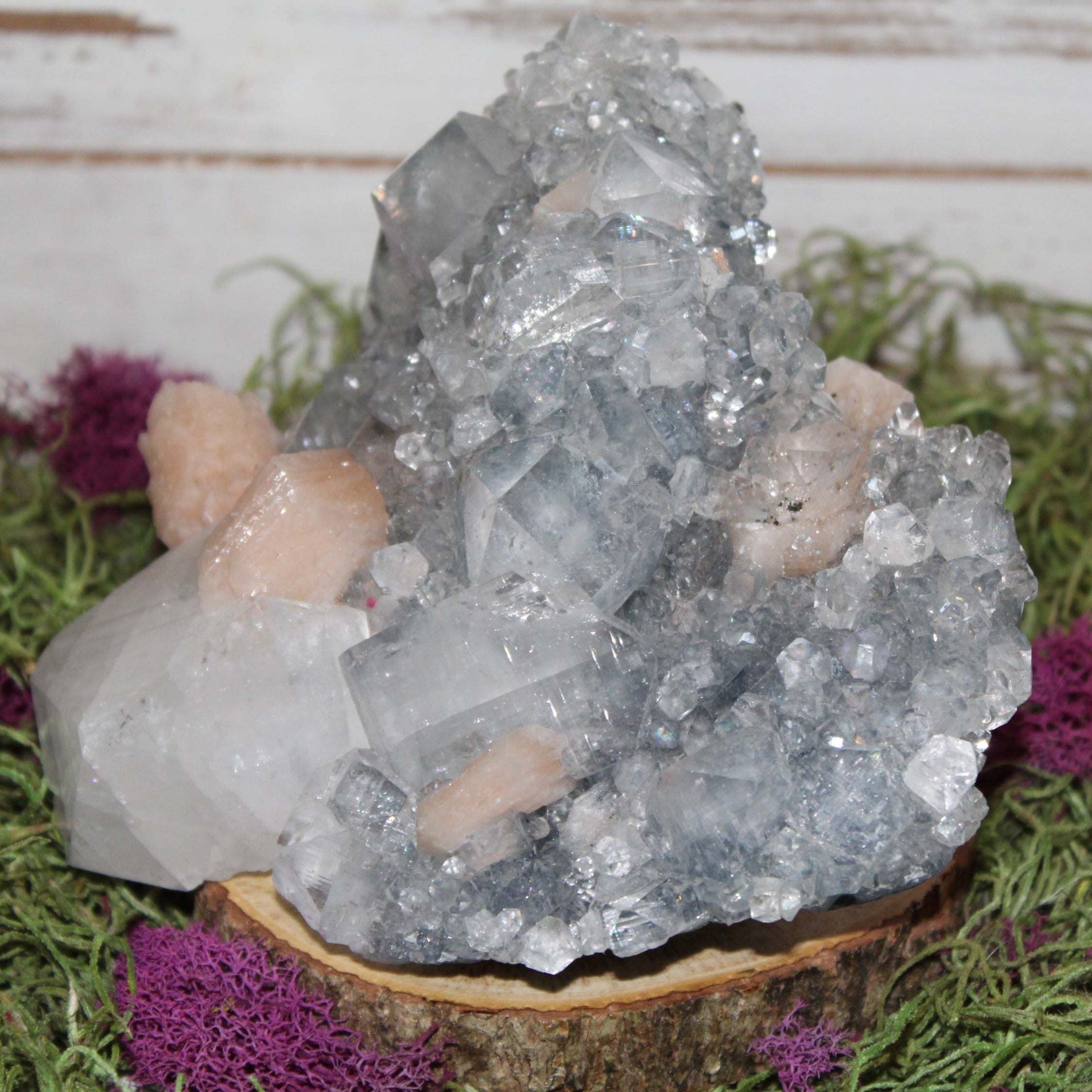 Blue Chalcedony, Peach Stilbite and Apophyllite