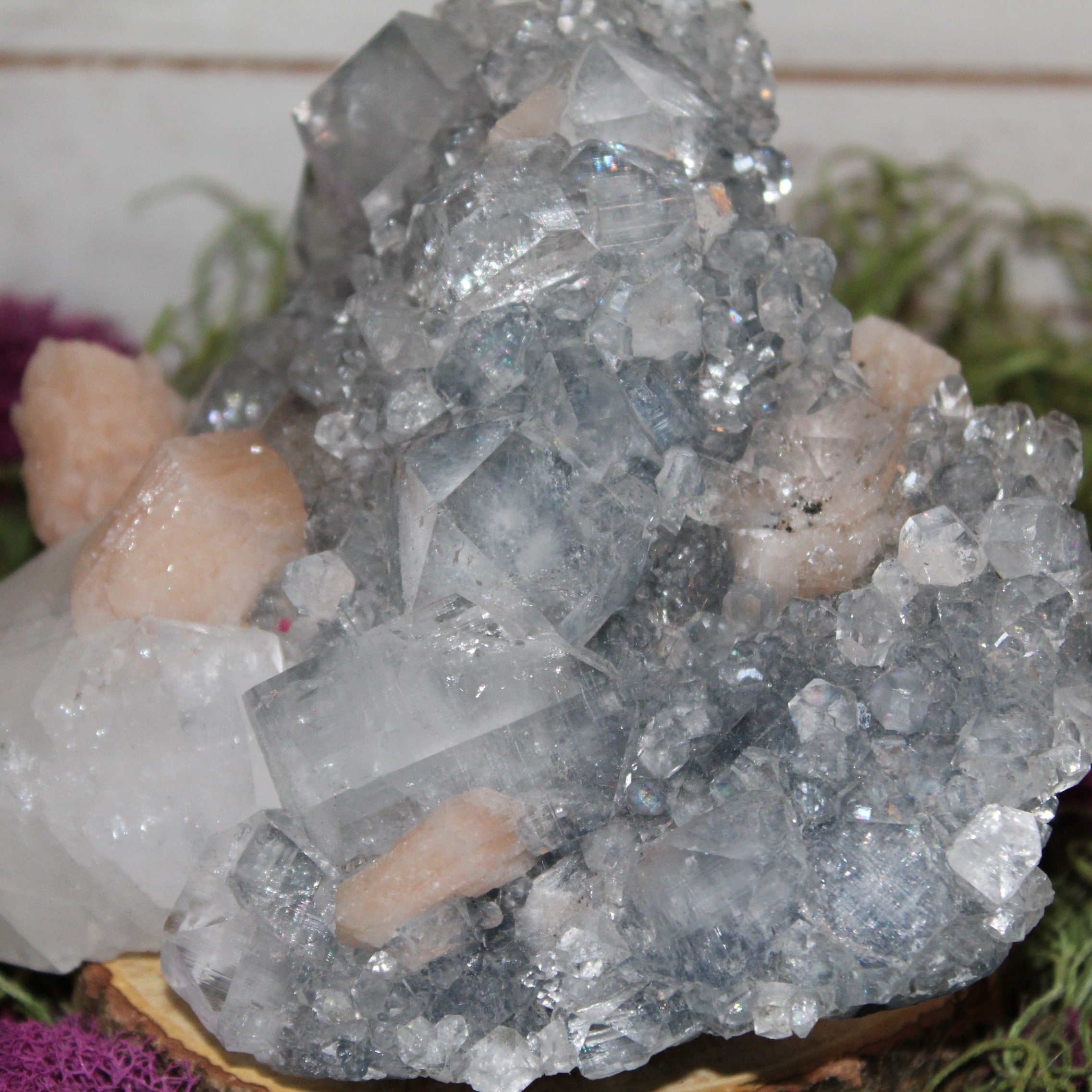 Blue Chalcedony, Peach Stilbite and Apophyllite