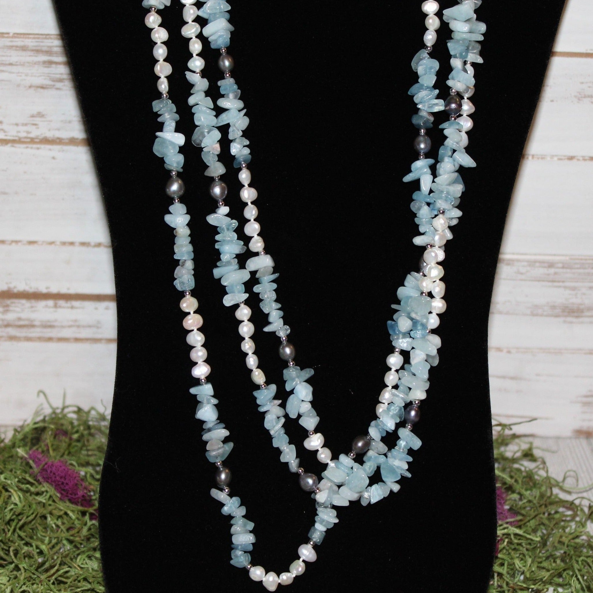 Aquamarine Chip and Fresh Water Cultured Pearl Necklace