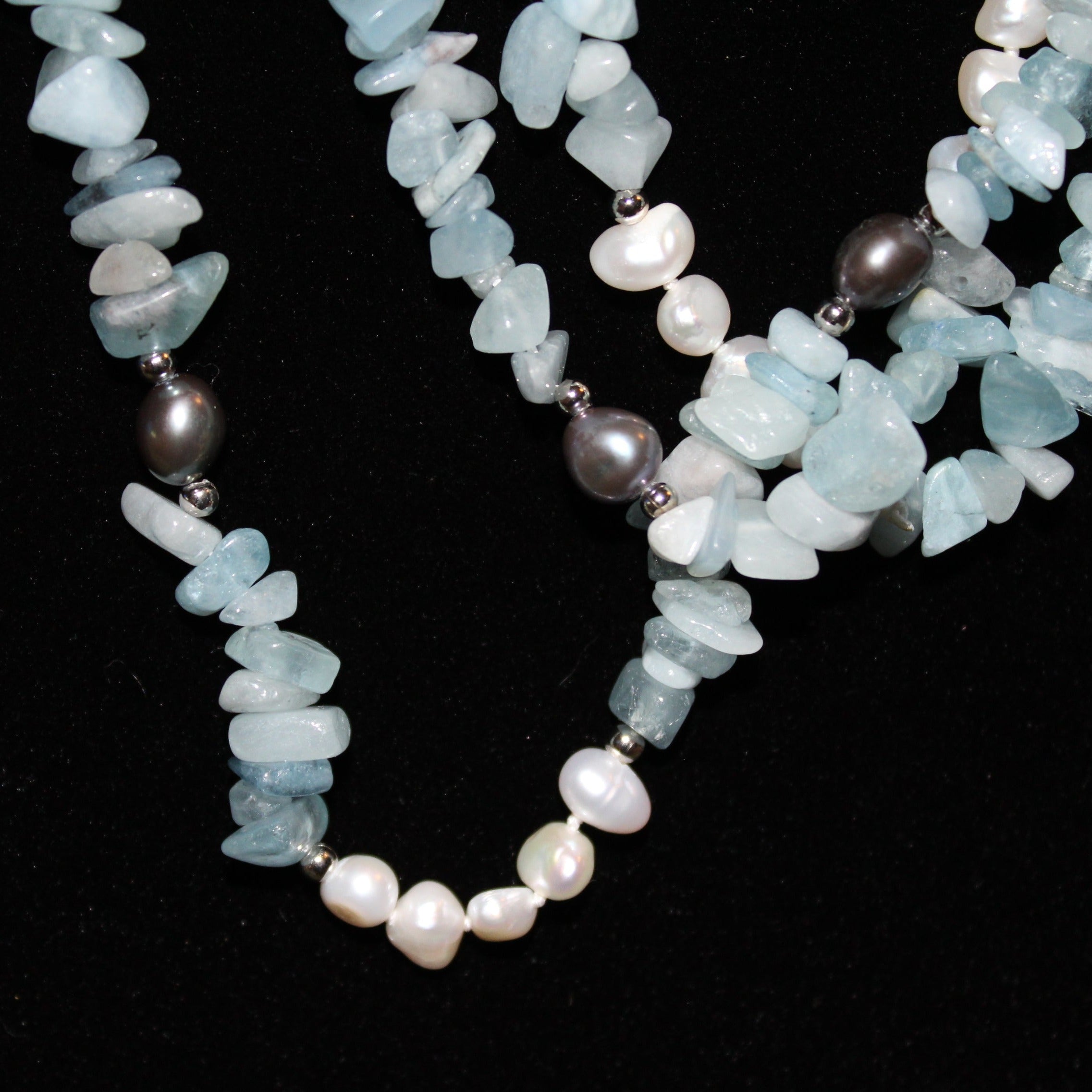 Aquamarine Chip and Fresh Water Cultured Pearl Necklace