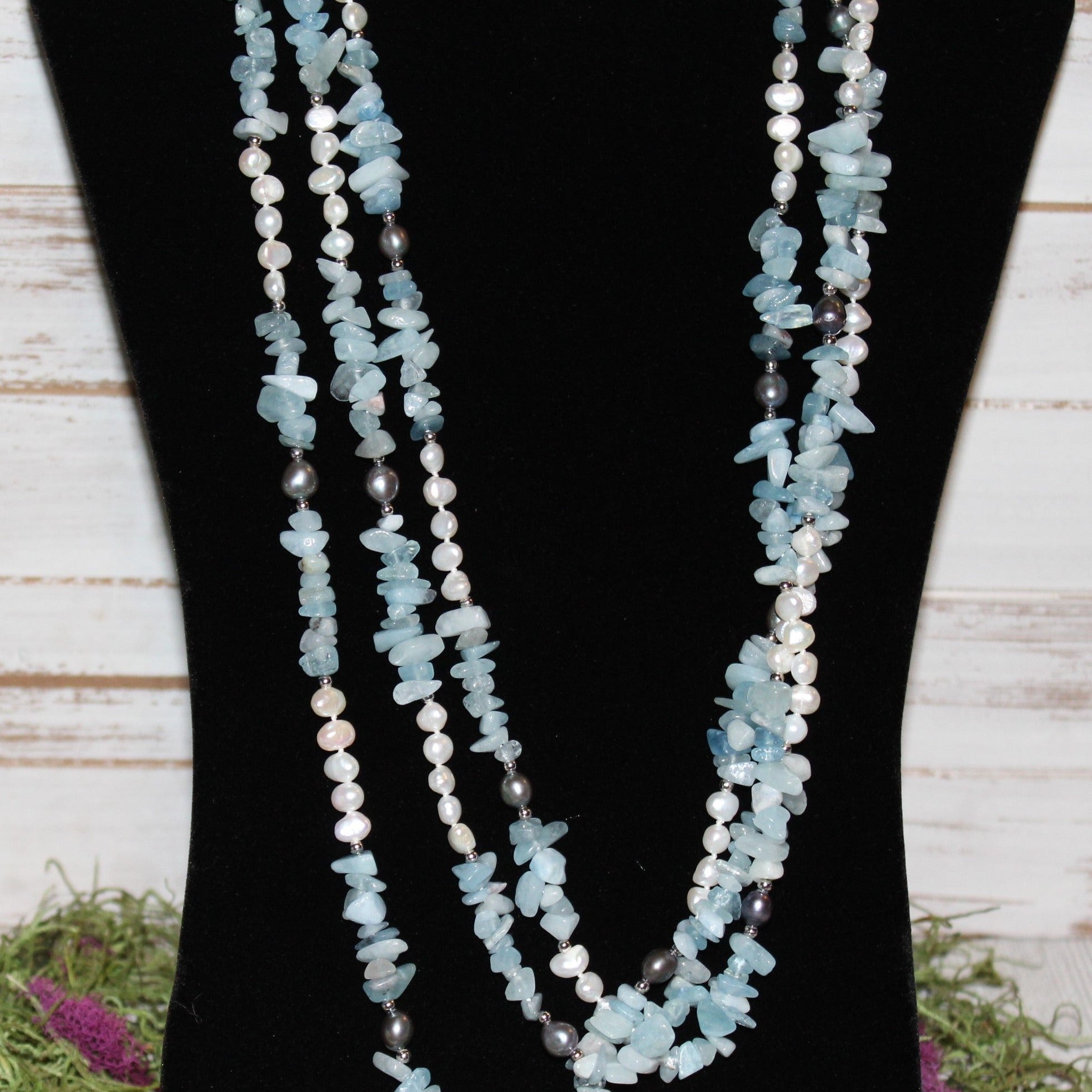 Aquamarine Chip and Fresh Water Cultured Pearl Necklace